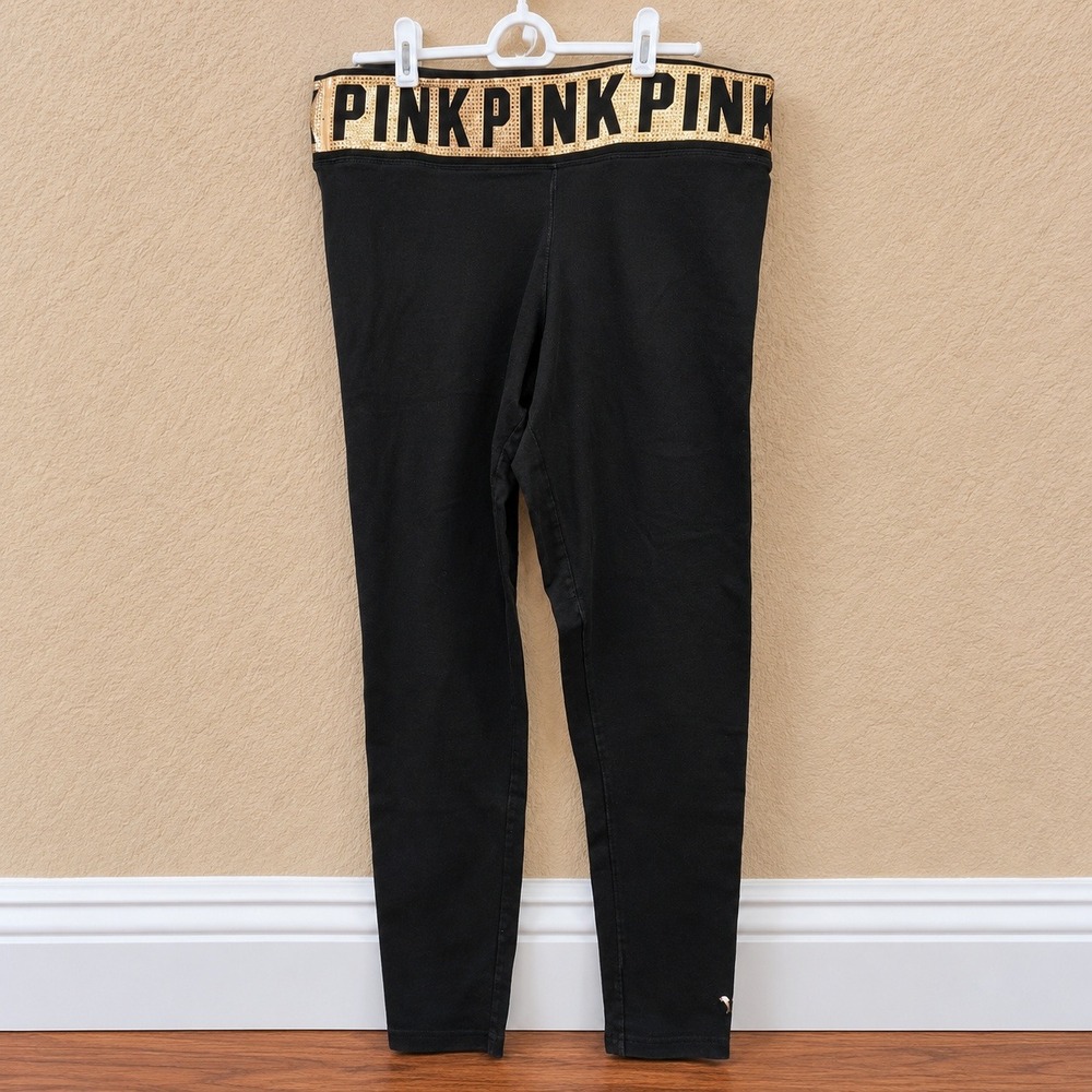 Victoria's Secret PINK Yoga Leggings Womens L Black Rhinestone Dog Logo Y2K